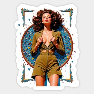 Mosaic Vixen Confident Pinup Glamour in a Khaki Safari Style Suit Illustration Sticker